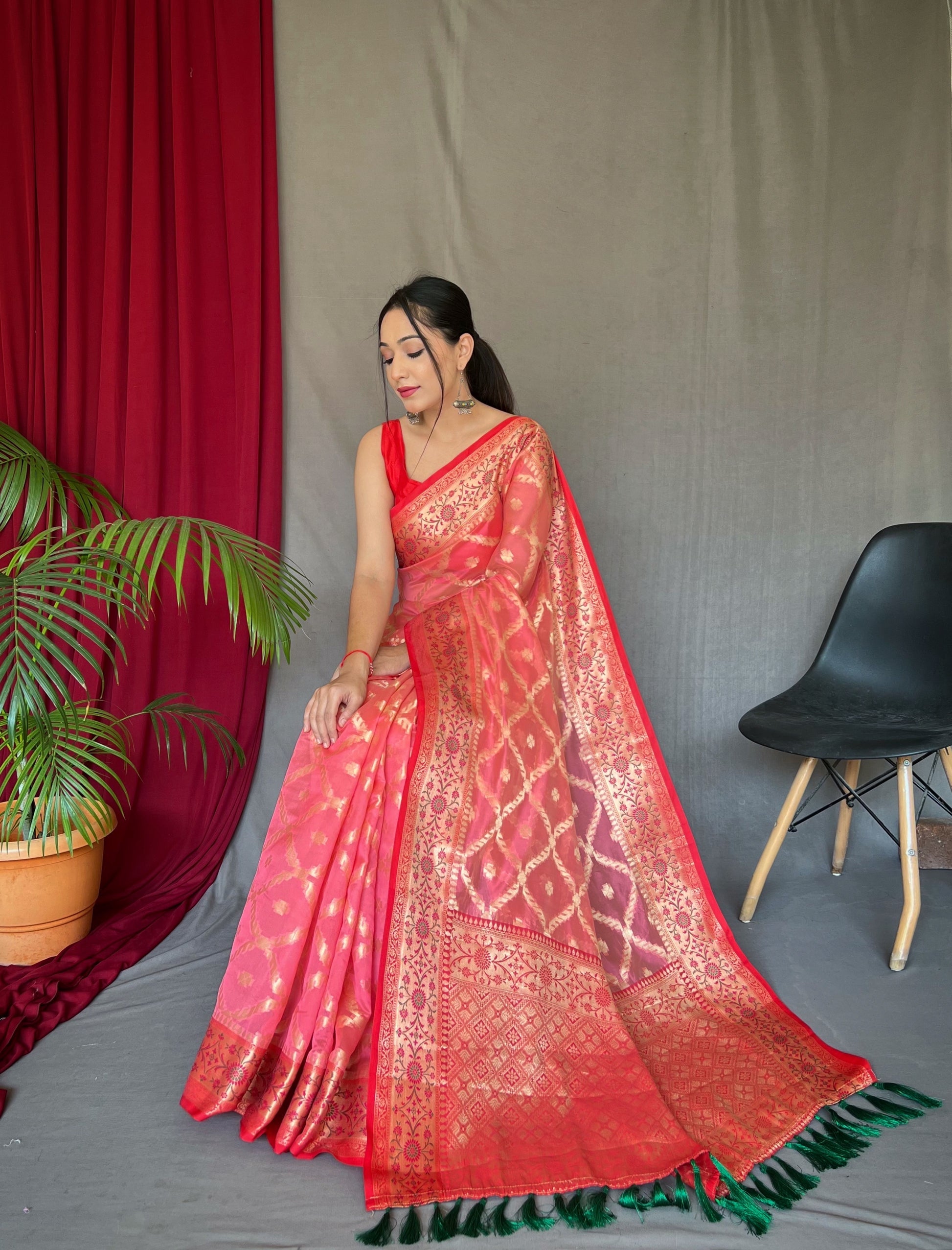 Buy MySilkLove Sunset Red Woven Banarasi Organza Silk Saree Online