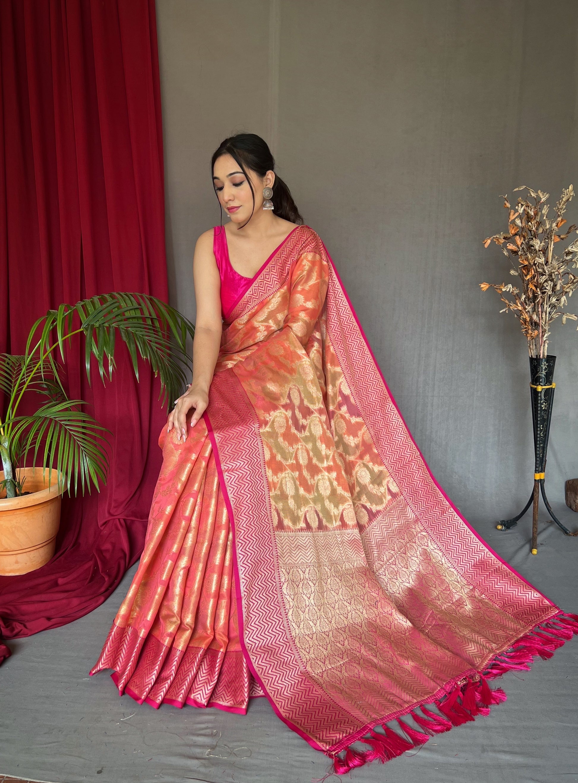 Buy MySilkLove Dark Peach Woven Organza Silk Saree Online