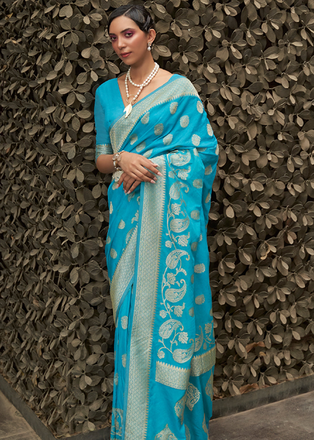 Buy MySilkLove Bright Turquoise Blue Woven Banarasi Chiffon Saree Online