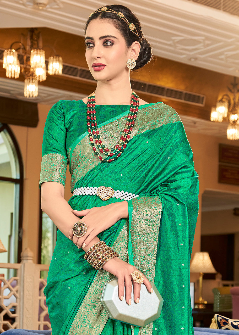 Buy MySilkLove Caribbean Green Bnaarasi Woven Two Tone Saft Silk Saree Online