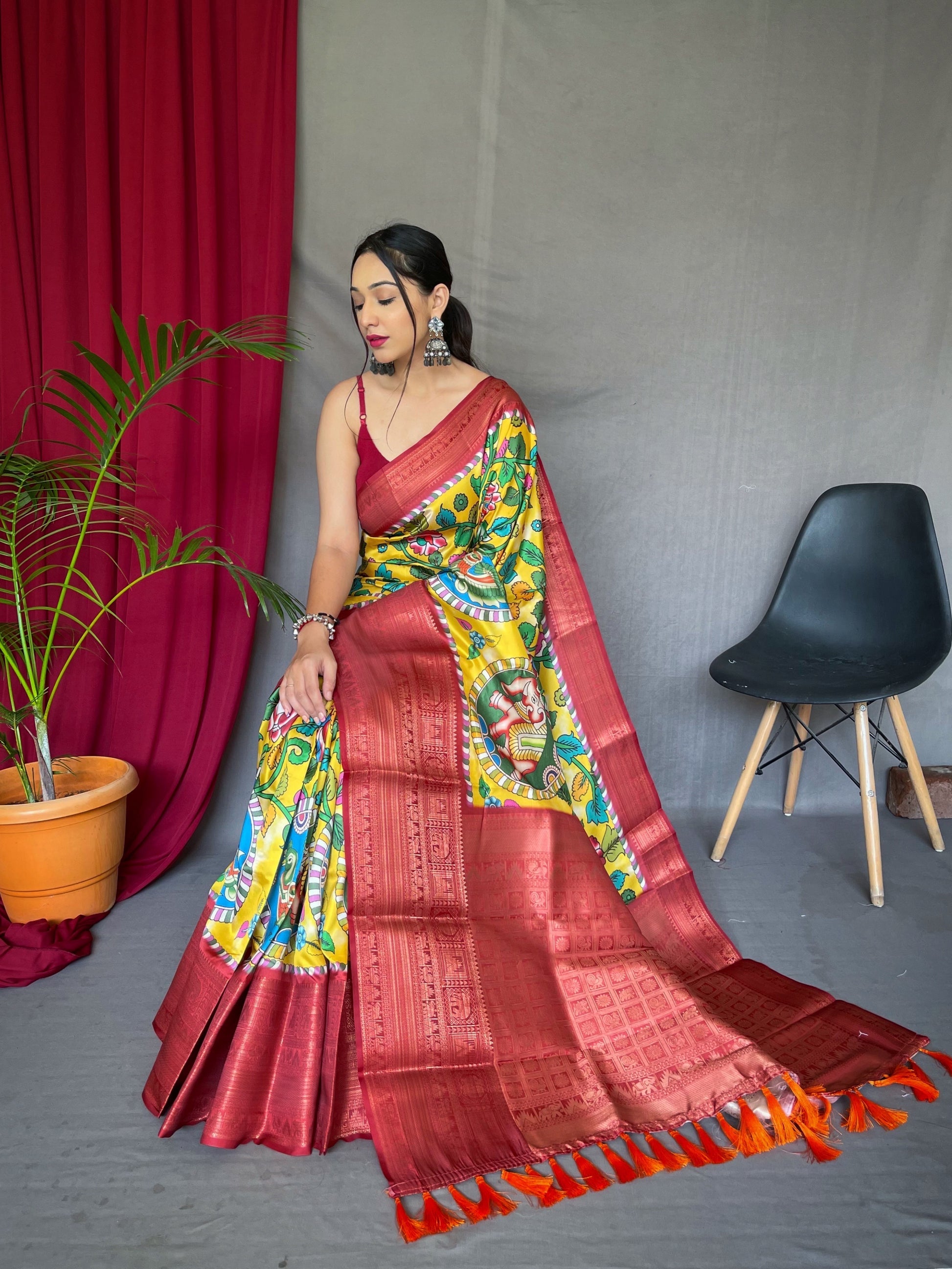 Buy MySilkLove Sunny Pearl Yellow and Red Kalamkari Gala Printed Saree Online