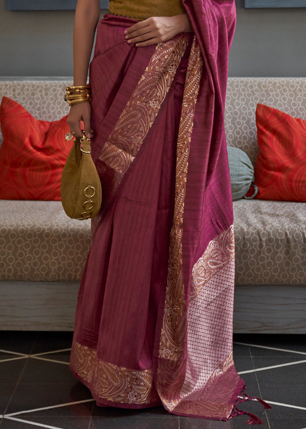 Buy MySilkLove Rose Dust Maroon Woven Brocade Tussar Silk Saree Online