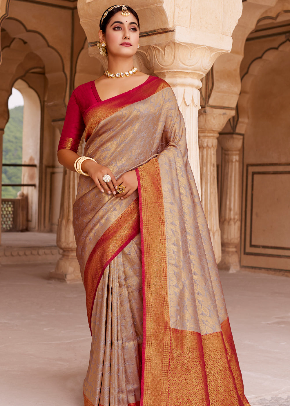 Buy MySilkLove Santa Fe Brown and Red Woven Kanjivram Silk Saree Online