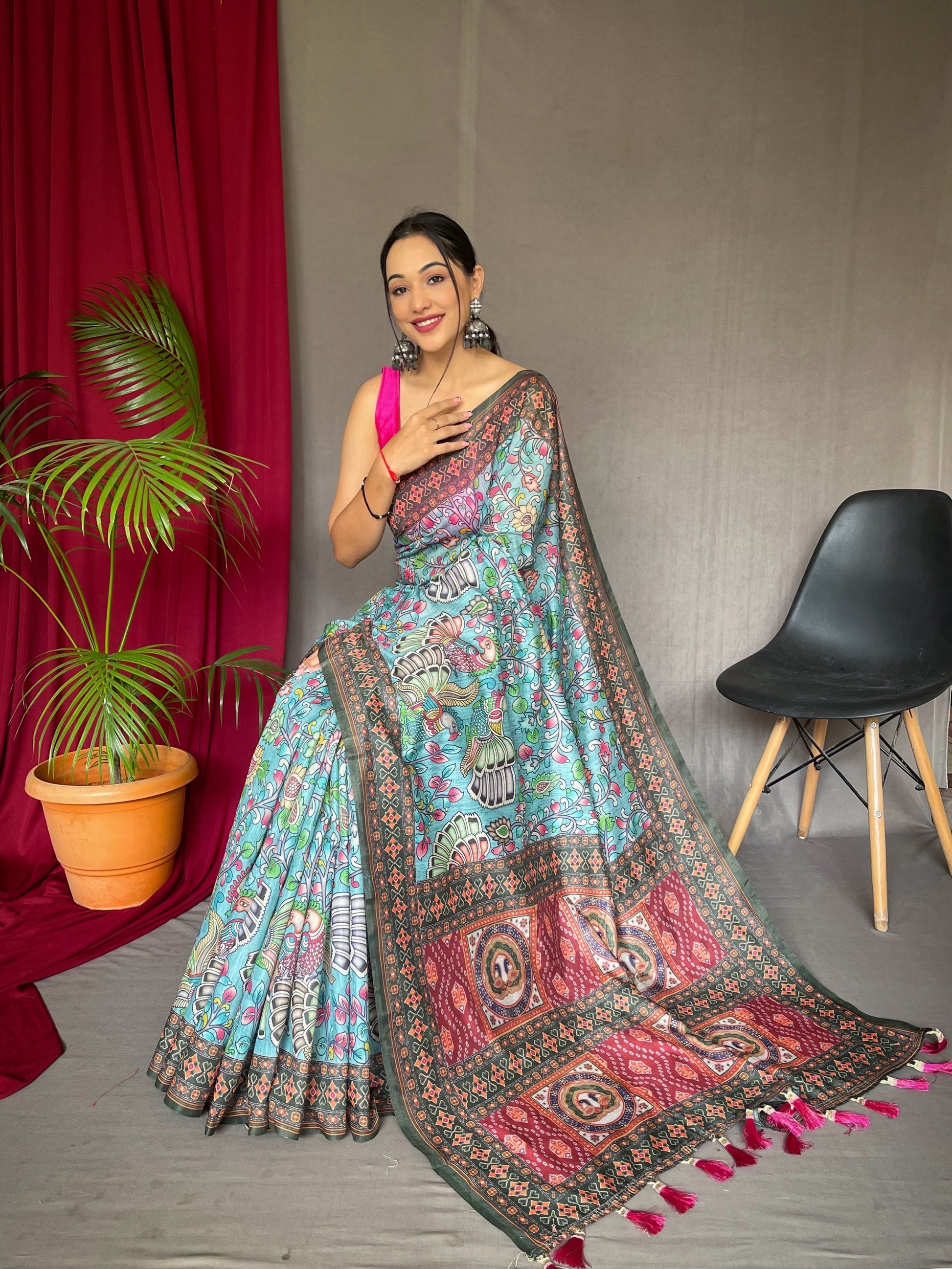 Buy MySilkLove Sinbad Blue Bandhani Kalamkari Printed Saree Online