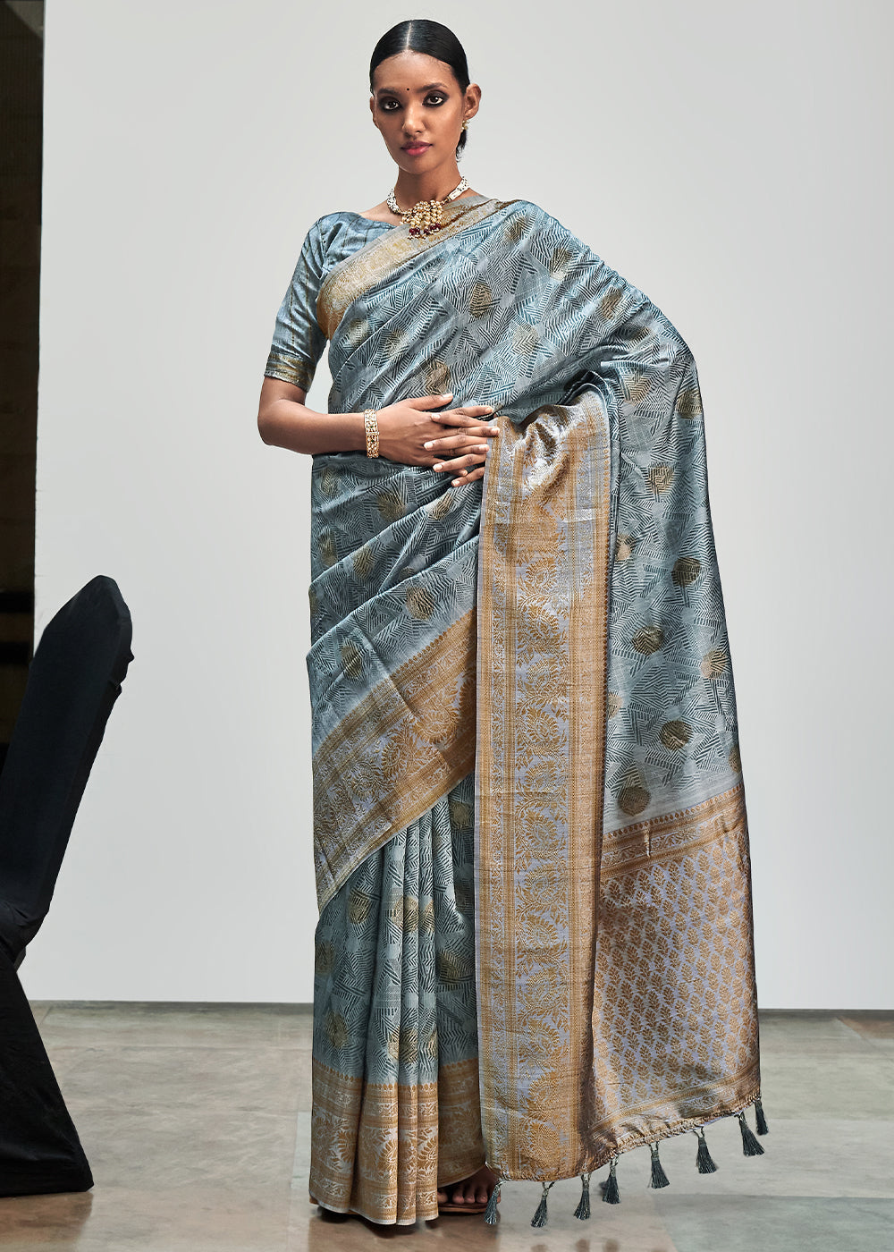 Buy MySilkLove Hit Grey Banarasi Woven Printed Silk Saree Online