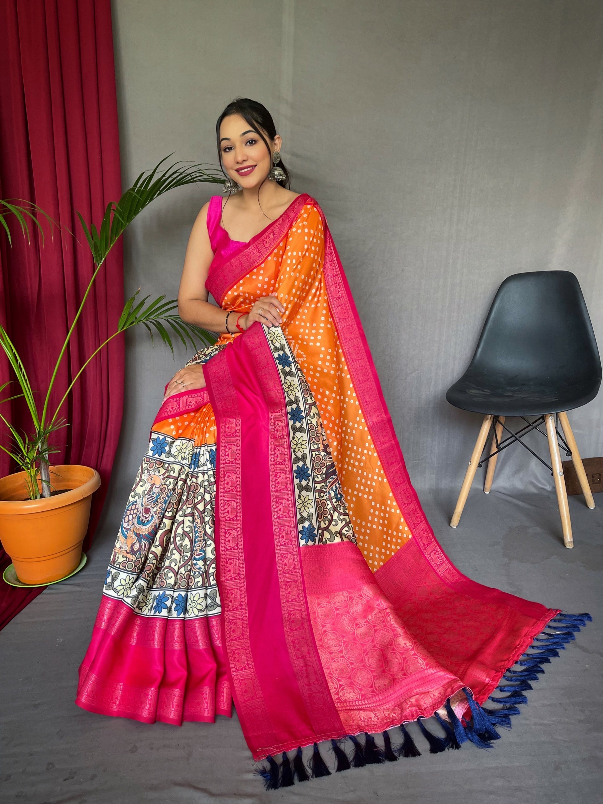 Buy MySilkLove Crusta Orange and Pink Gala Bandhej Kalamkari Printed Silk Saree Online