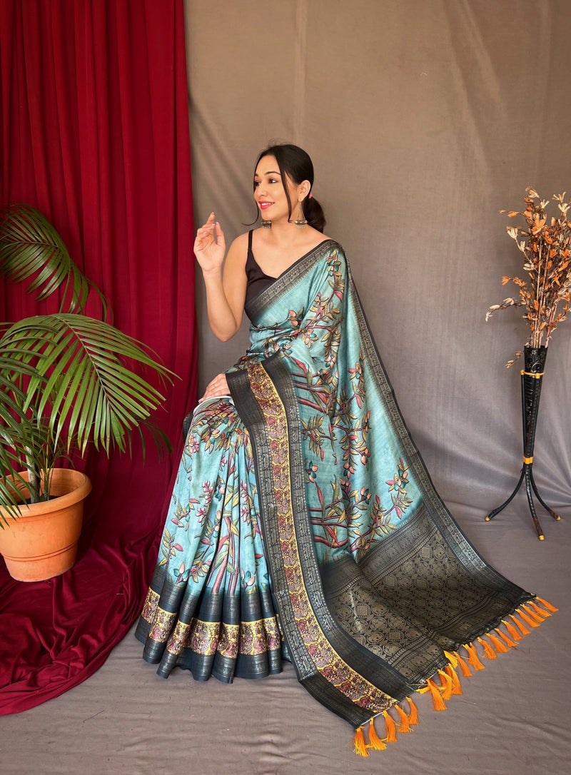 Embroidered Kalamkari printed chennuri silk saree – Soovos