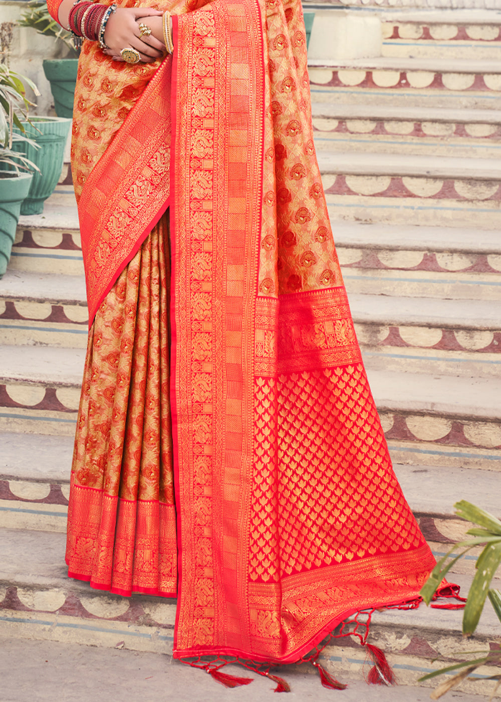 Buy MySilkLove Coral Red Woven Kanjivaram Silk Saree Online