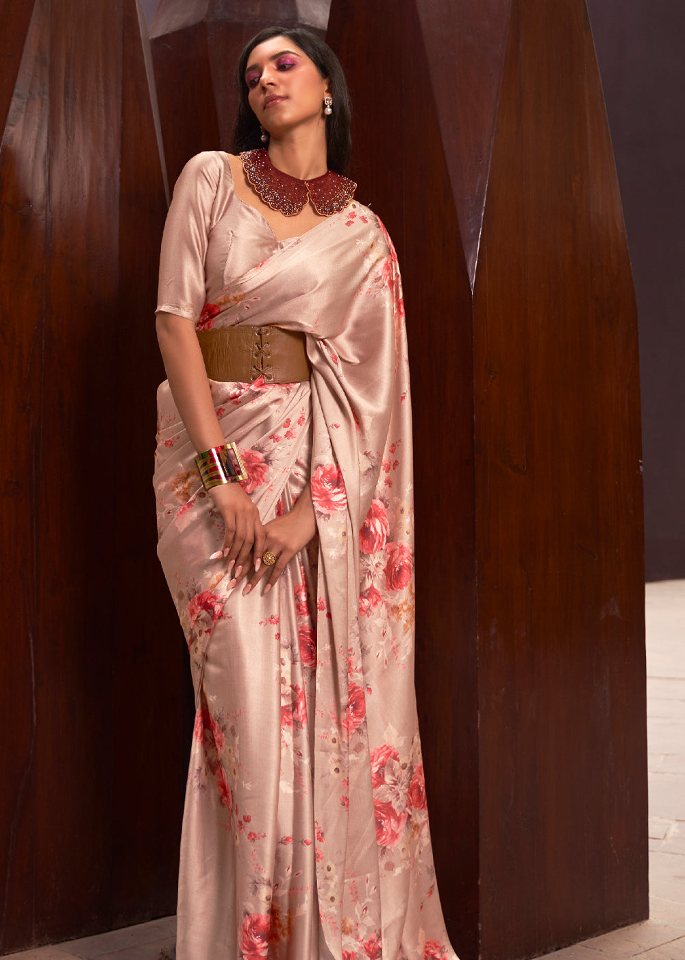 Buy MySilkLove Tonys Peach Floral Printed Satin Silk Saree Online