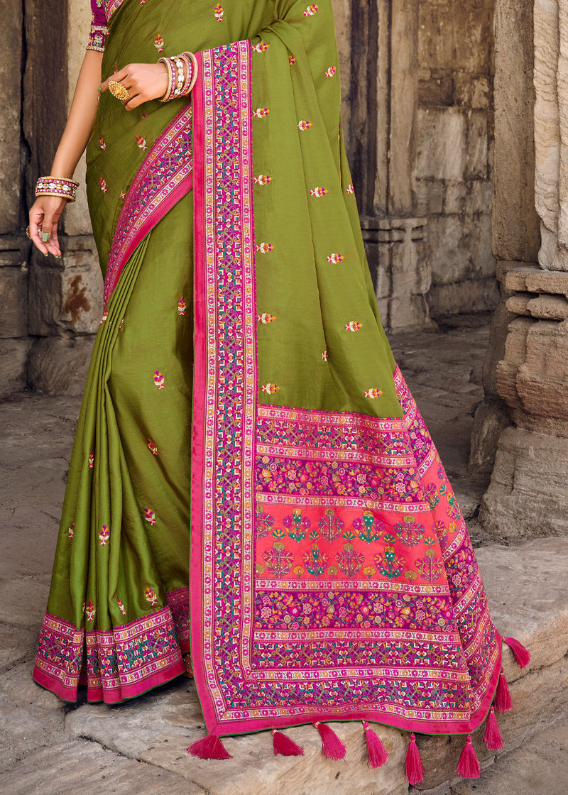 Bronze Olive Green Banarasi Woven Silk Saree with Designer Blouse