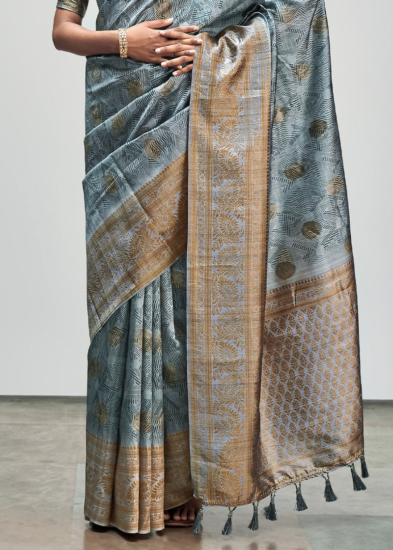 Hit Grey Banarasi Woven Printed Silk Saree