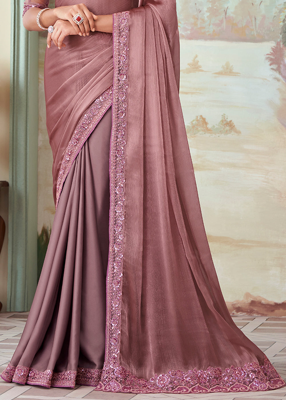 Buy MySilkLove Pink Pearl Designer Embroidered Satin Silk Saree Online