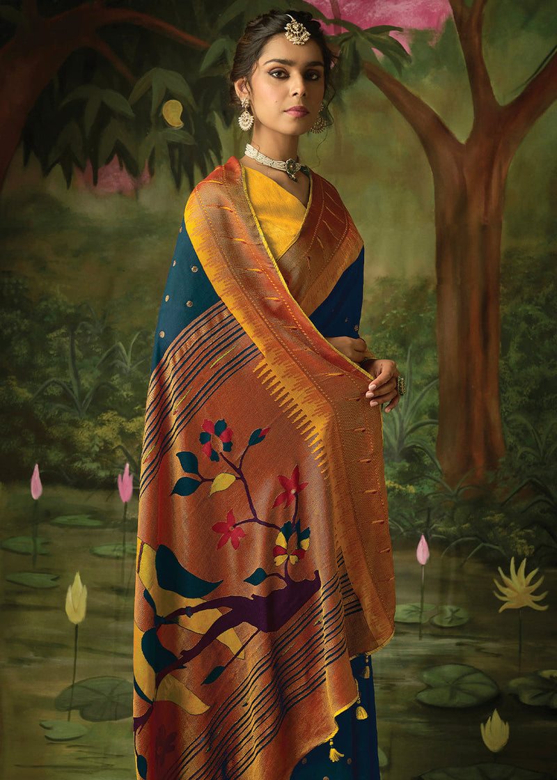 Firefly Blue Woven Paithani Silk Saree