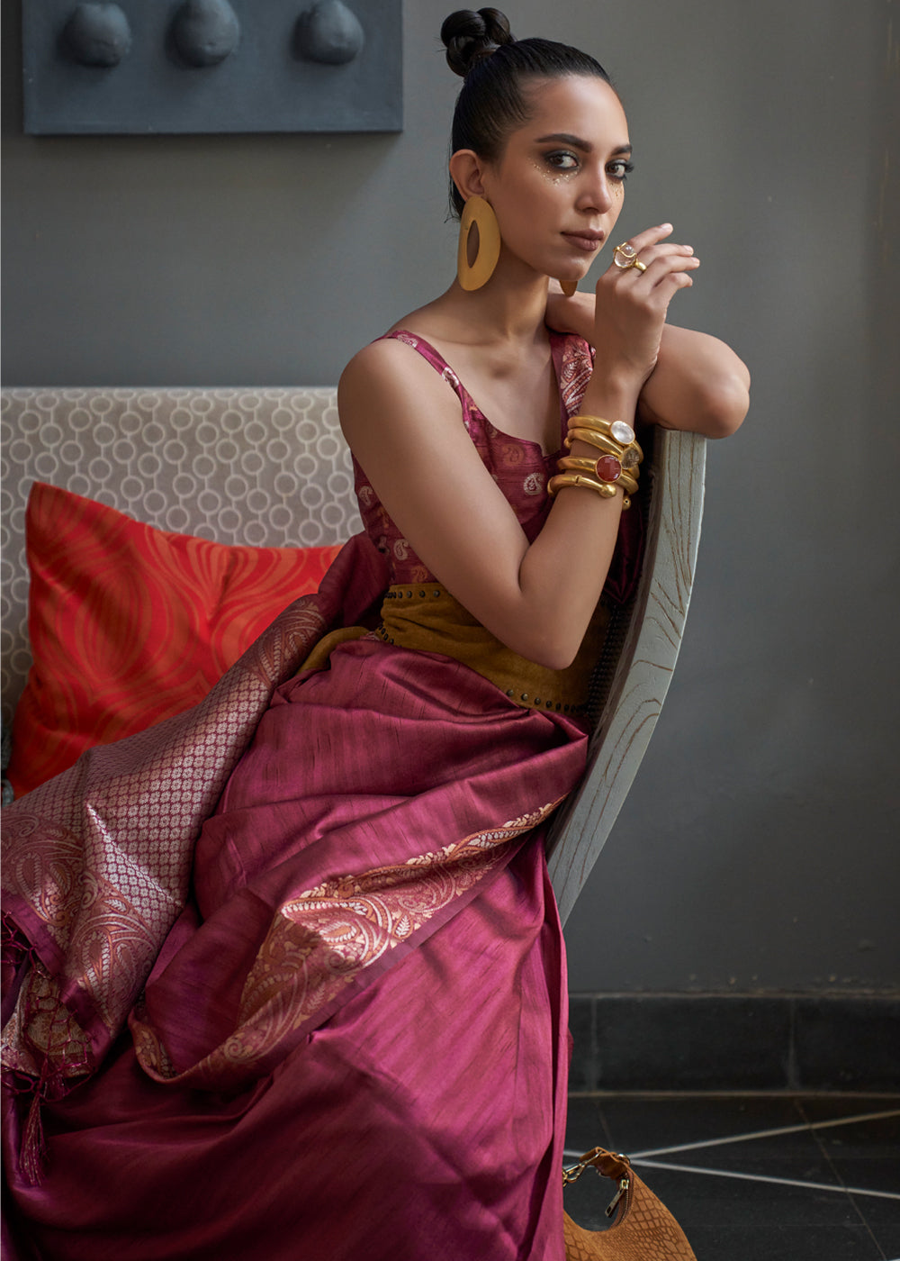 Buy MySilkLove Rose Dust Maroon Woven Brocade Tussar Silk Saree Online