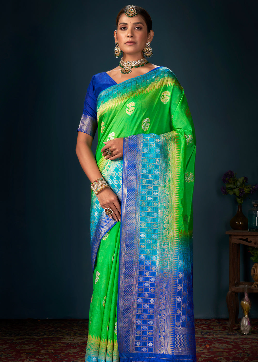 Buy MySilkLove Screamin Green ad Blue Woven Banarasi Silk Saree Online