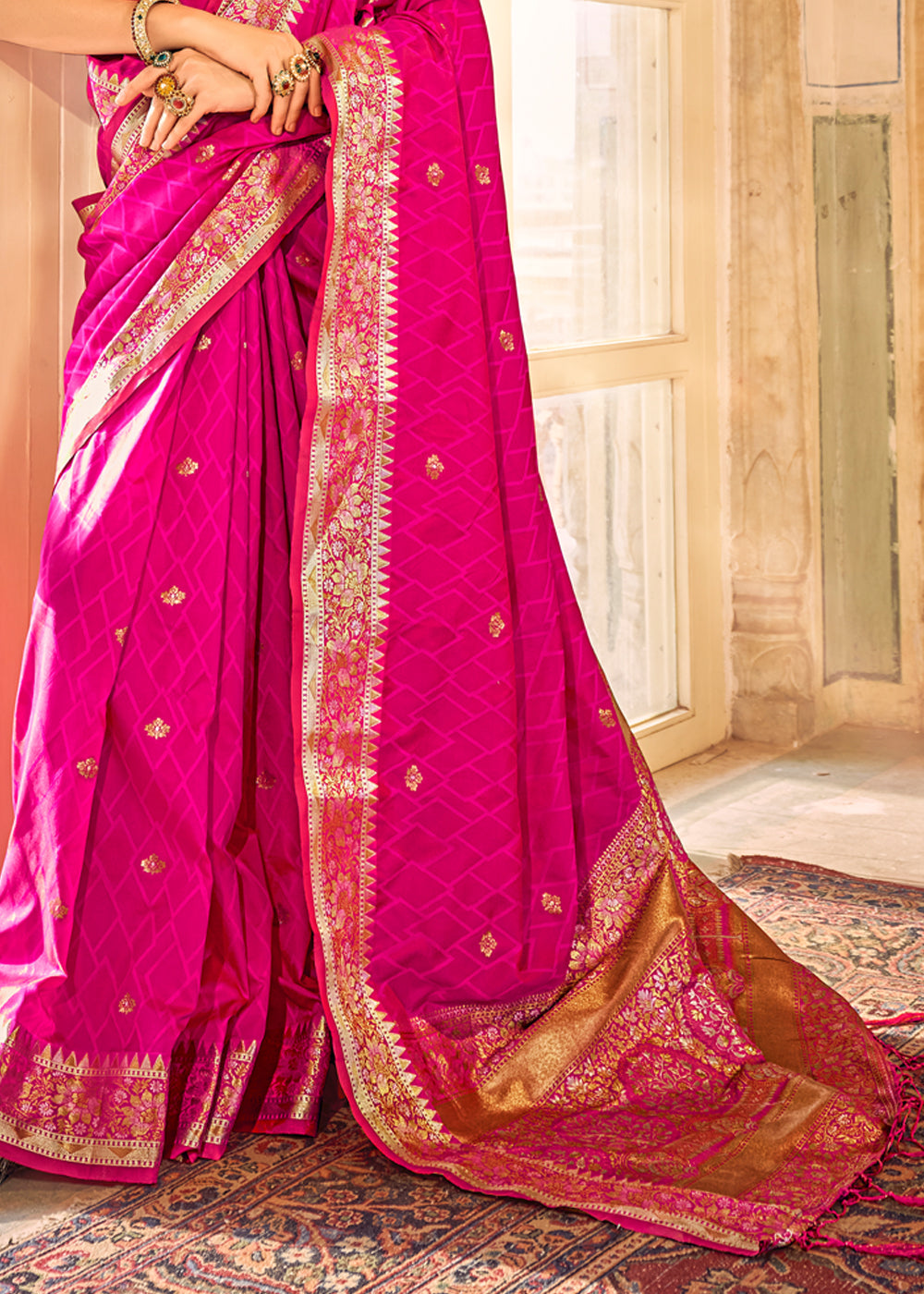 Persian Rose Pink Woven Banarasi Satin Silk Saree