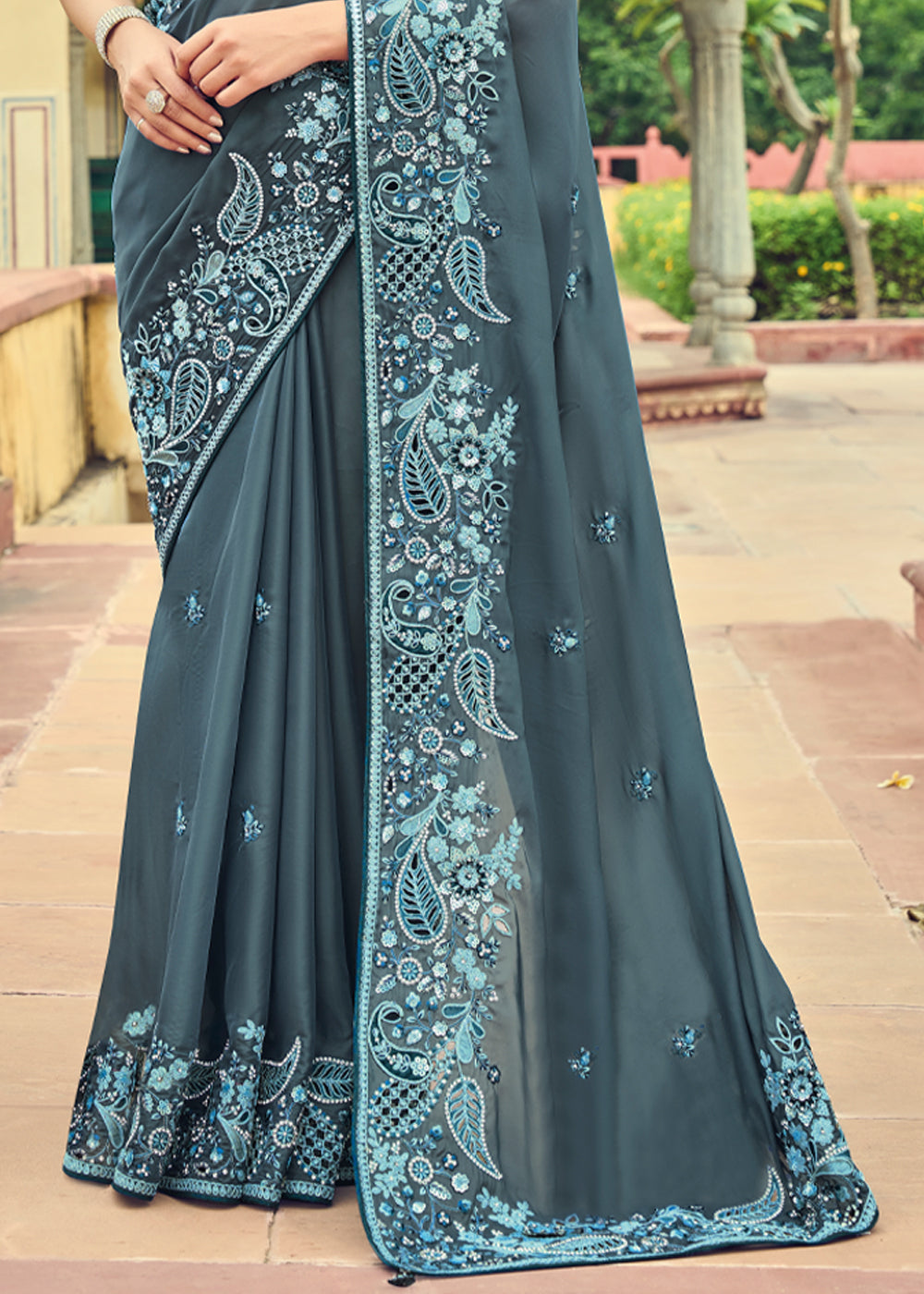 Buy MySilkLove Oslo Grey Designer Embroidered Satin Silk Saree Online