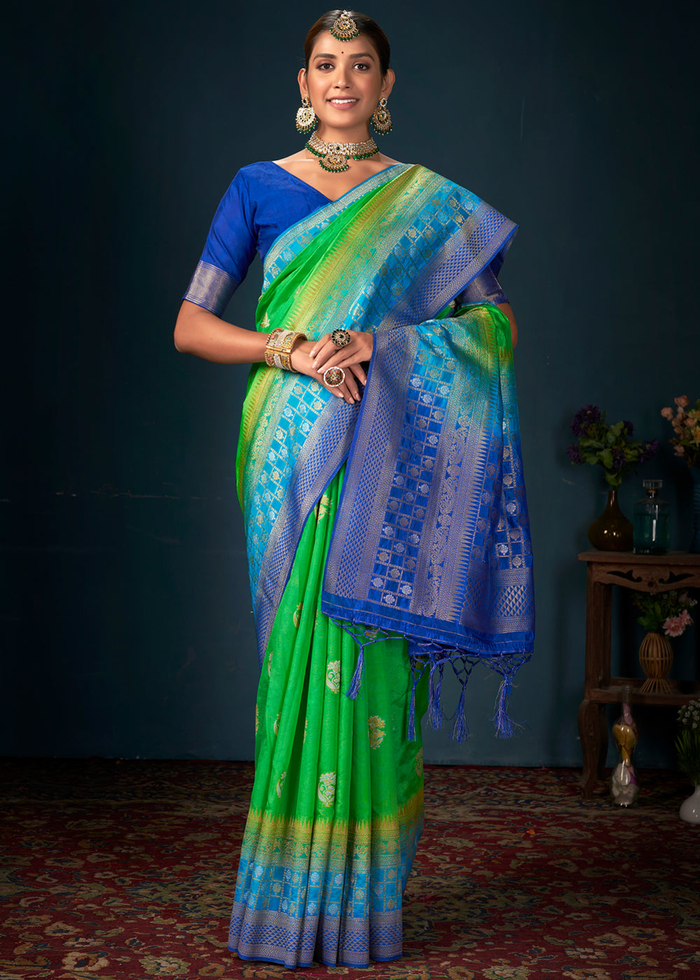 MySilkLove Screamin Green ad Blue Woven Banarasi Silk Saree
