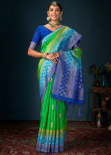 Screamin Green ad Blue Woven Banarasi Silk Saree