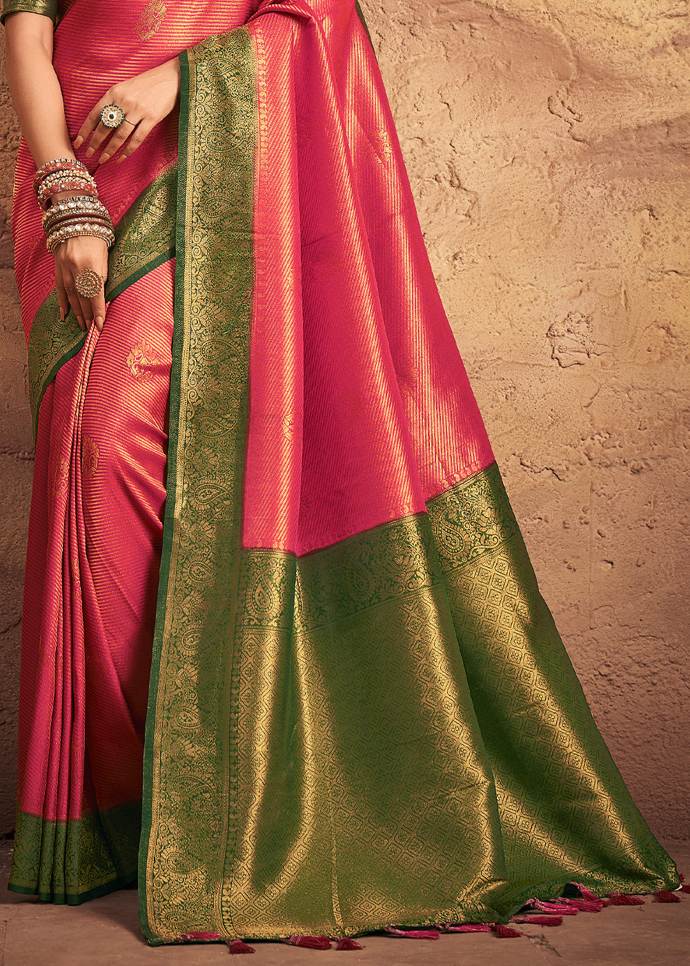 Pink and Green Zari Woven Kanjivaram Silk Saree