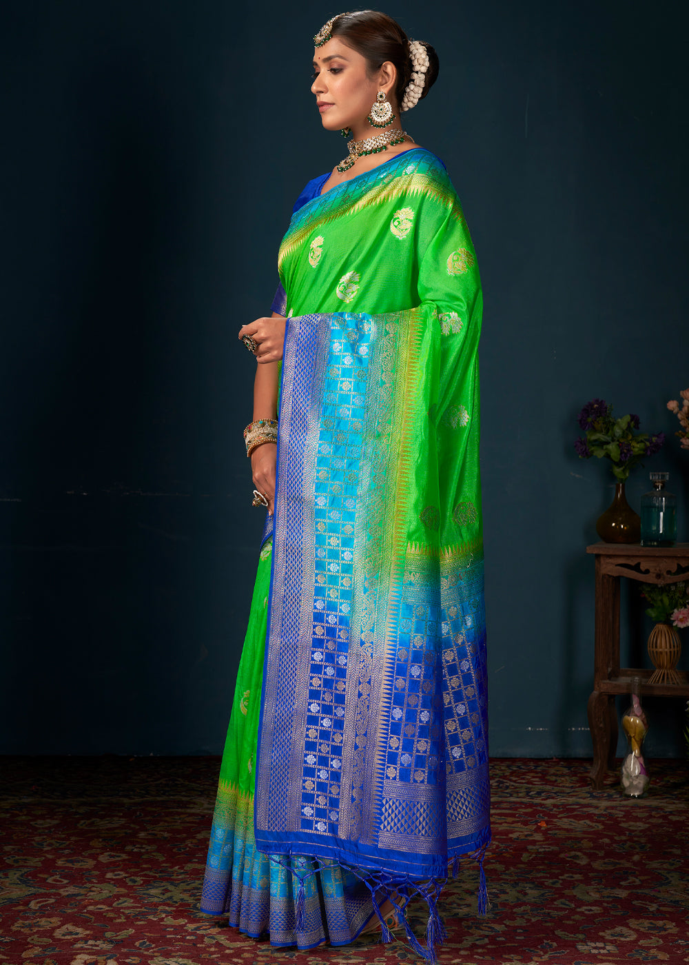 Buy MySilkLove Screamin Green ad Blue Woven Banarasi Silk Saree Online