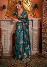 Peacock Blue Woven Satin Silk Saree