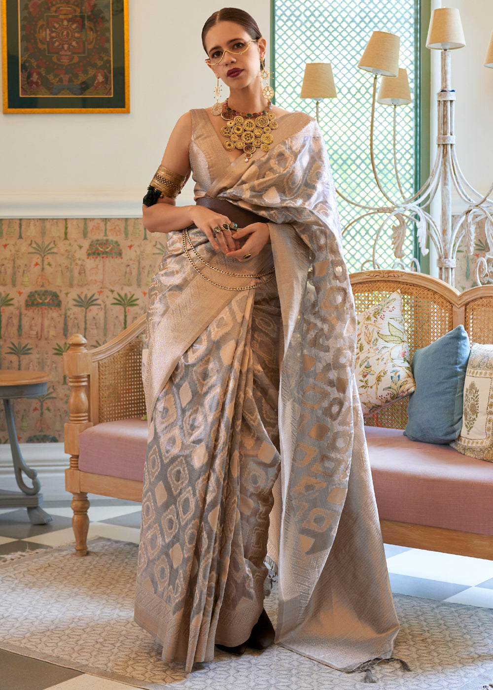 Buy MySilkLove Cement Grey Woven Banarasi Tissue Silk Saree Online