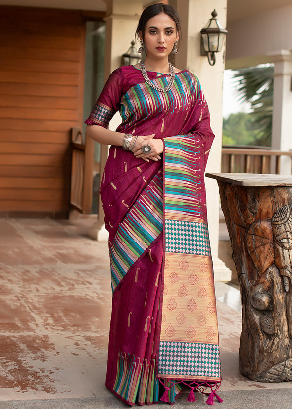 El Salva Maroon Tussar Raw Silk Saree