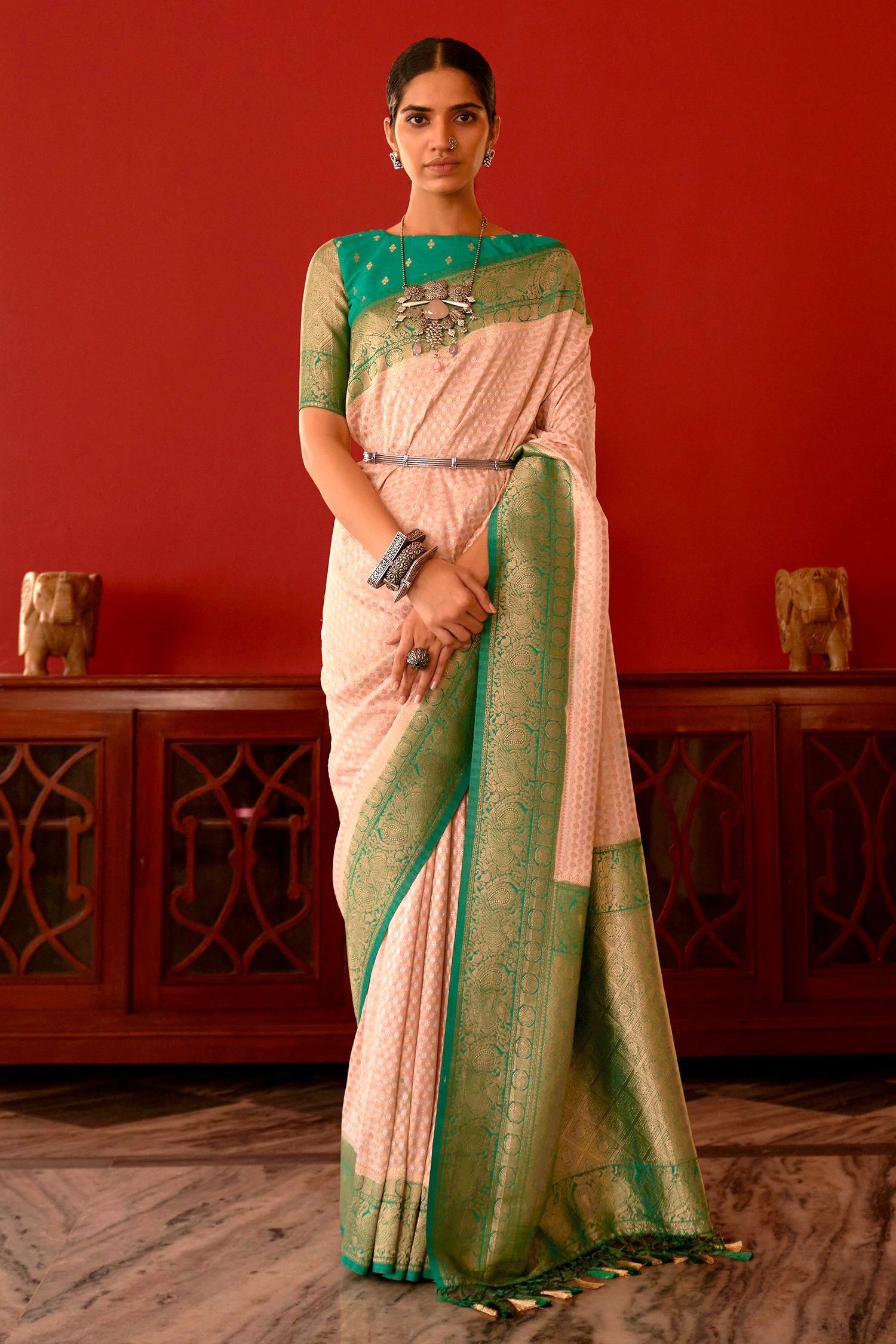 Buy MySilkLove Romantic Pink and Green Woven Banarasi Woven Silk Saree Online