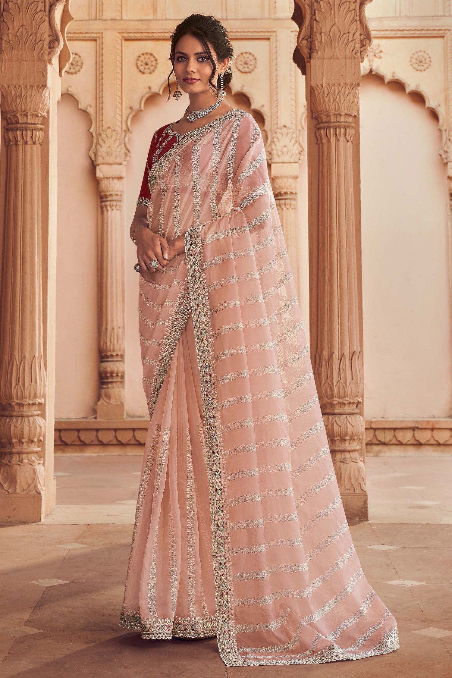 Buy MySilkLove Old Rose Peach Organza Silk with Embroidered Designer Saree Online