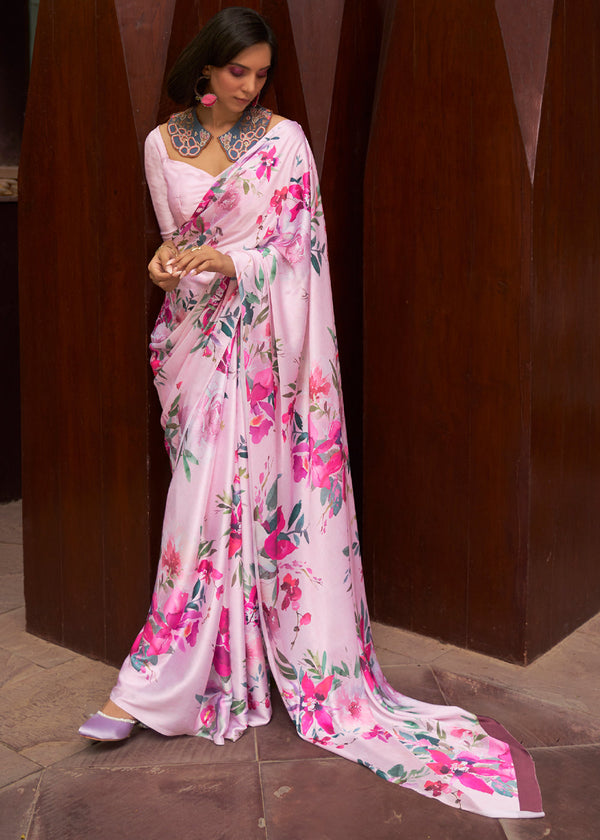 Royal Pink Floral Printed Satin Silk Saree