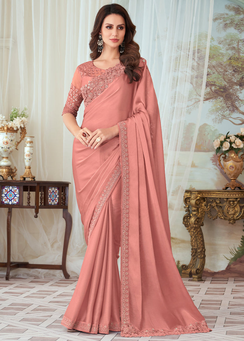 Peach Plain Chiffon Embroidery Saree