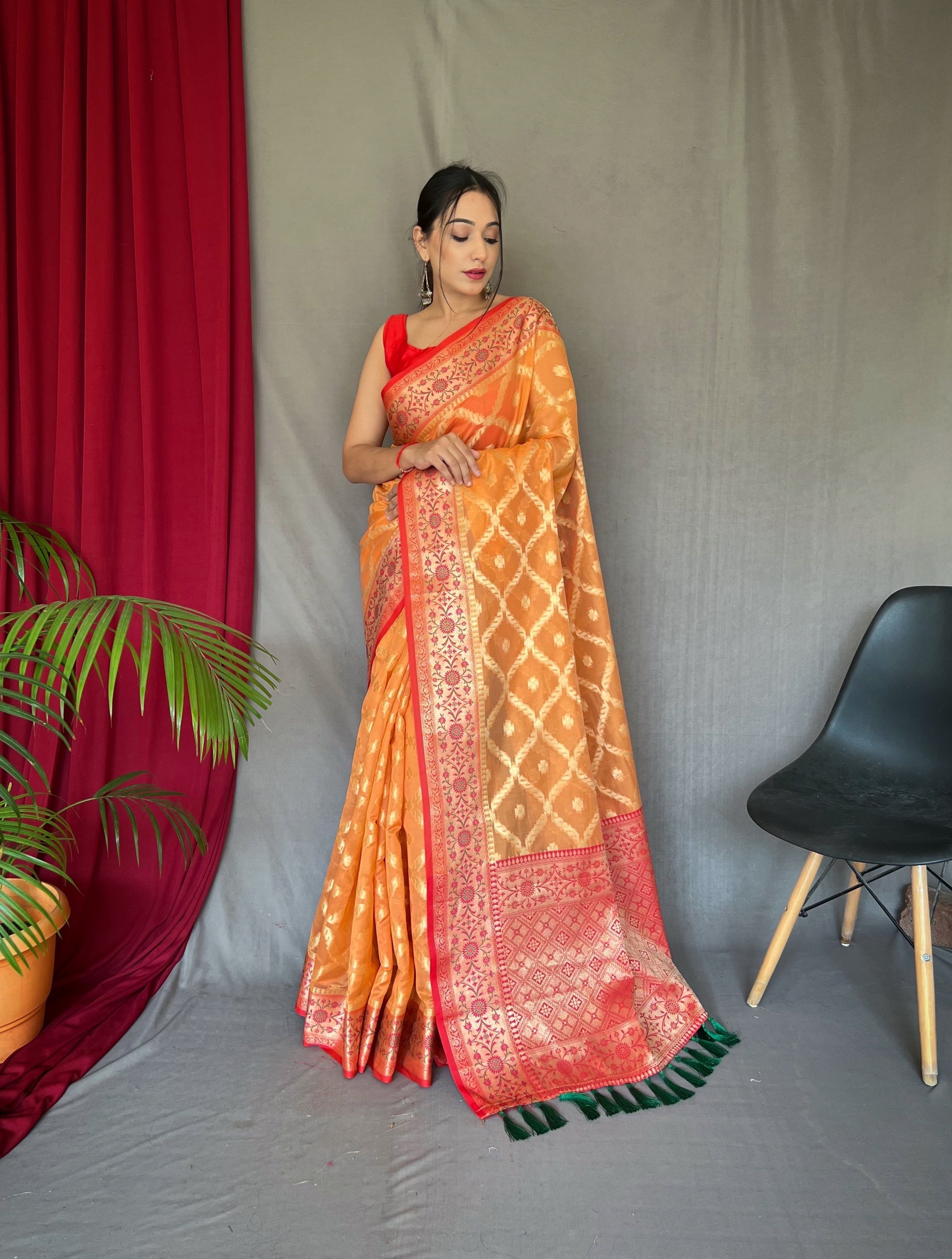 Buy MySilkLove Koromiko Orange Woven Banarasi Organza Silk Saree Online