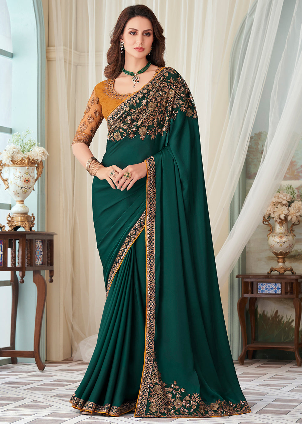 Buy MySilkLove Plantation Green Designer Embroidered Satin Silk Saree Online