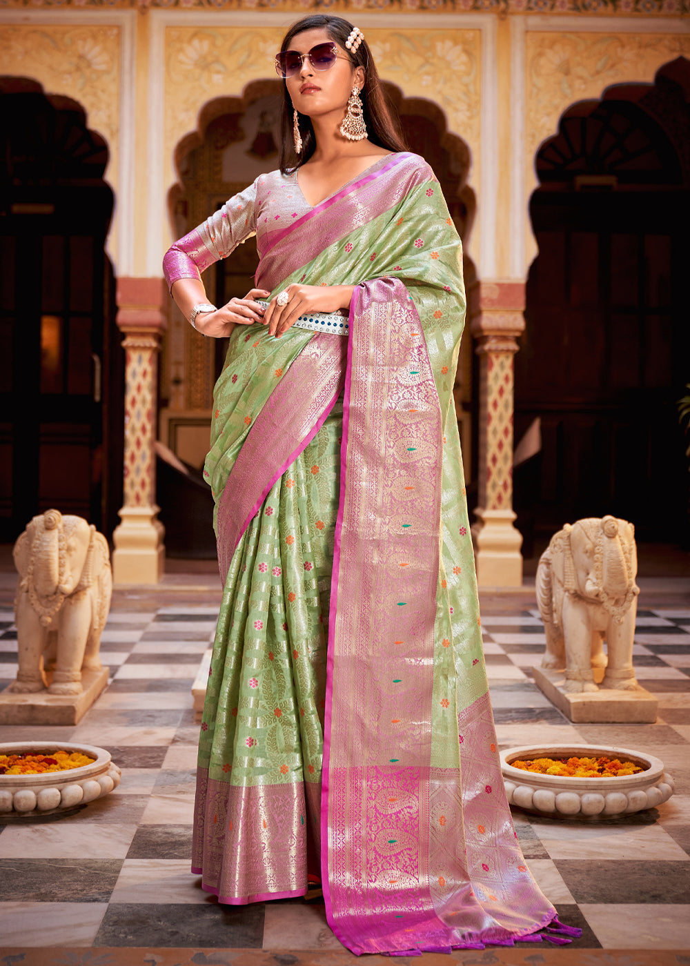 Buy MySilkLove Misty Moss Green Banarasi Tissue Woven Silk Saree Online