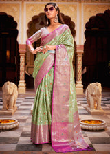 Misty Moss Green Banarasi Tissue Woven Silk Saree