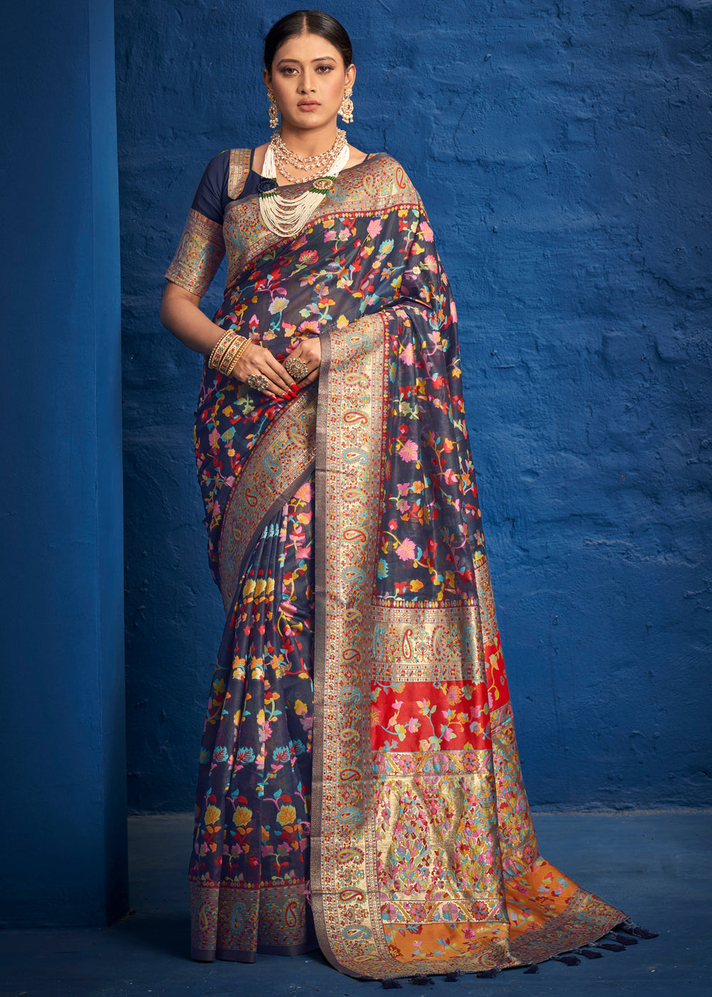 Buy MySilkLove Matterhorn Blue Woven Banarasi Jamewar Saree Online