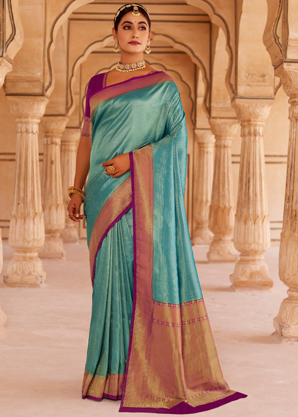 Buy MySilkLove Oxley Blue and Purple Woven Kanjivram Silk Saree Online