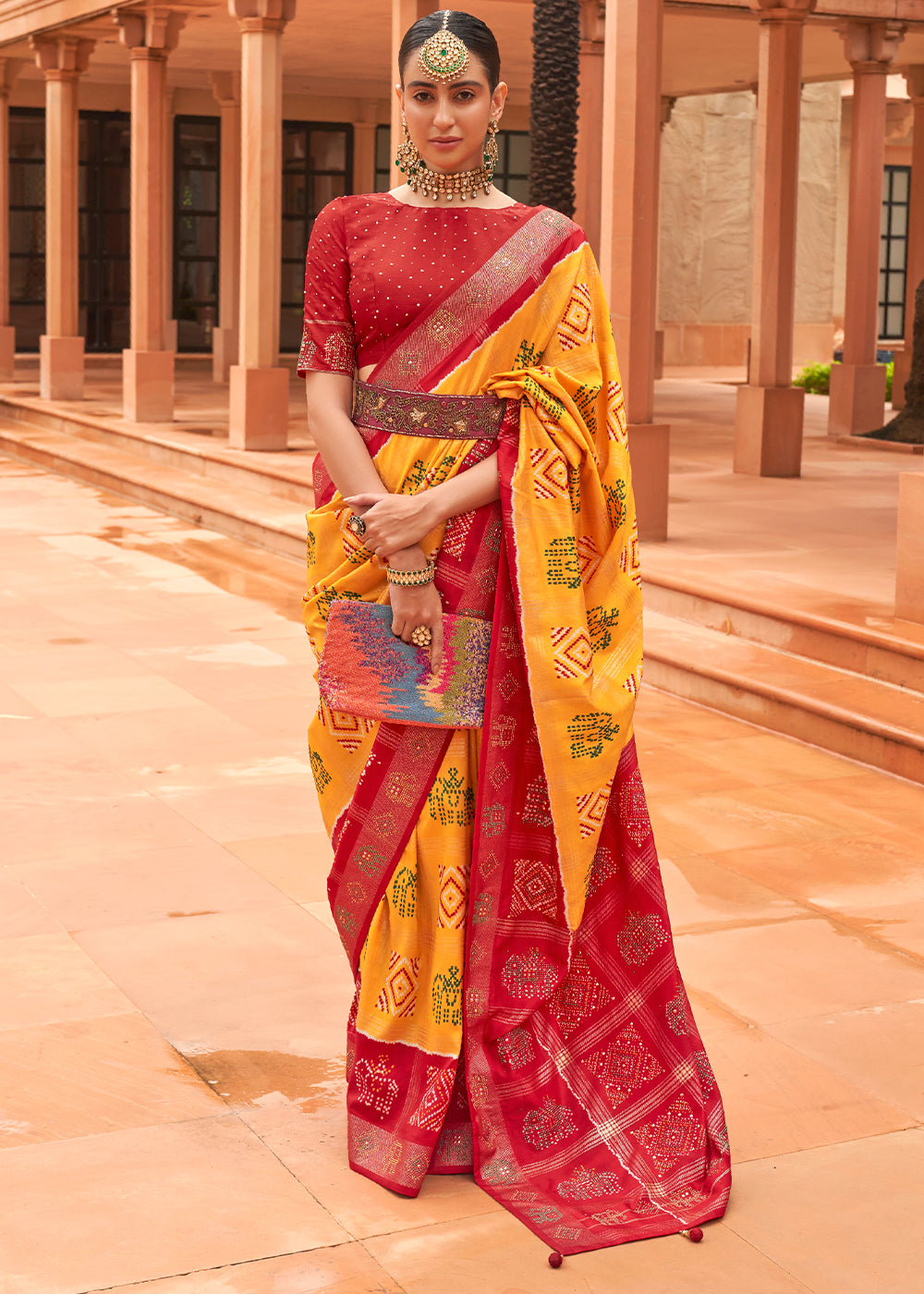 Buy MySilkLove Tree Poppy Yellow and Red Patola Silk Saree Online