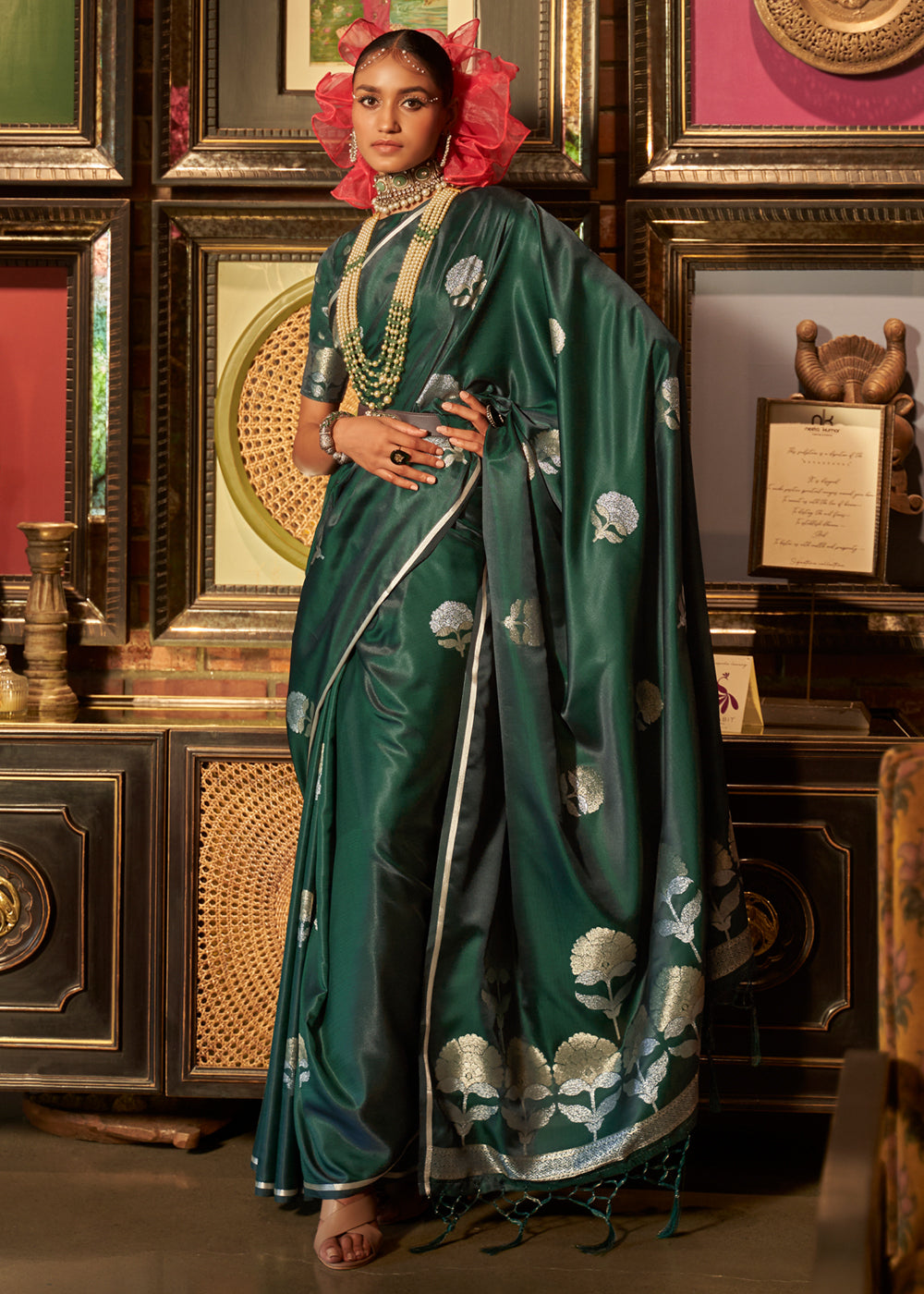 Buy MySilkLove Mineral Dark Green Woven Banarasi Satin Silk Saree Online