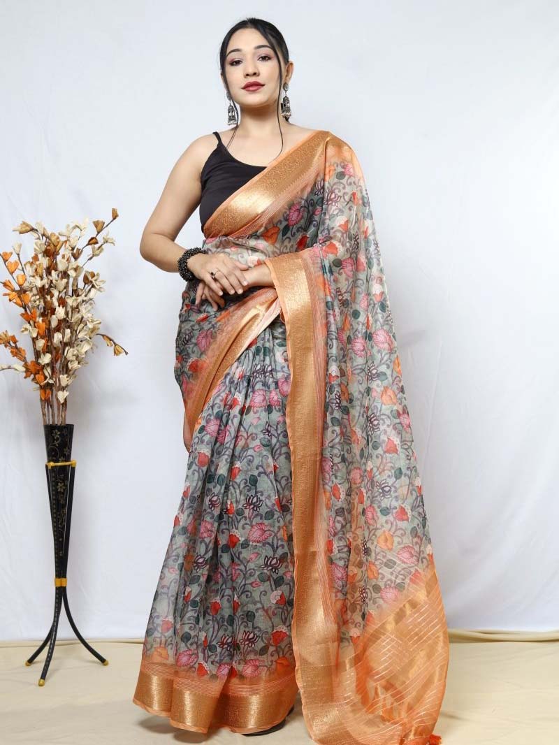 Buy MySilkLove Light Grey Organza Kalamkari Printed with Sequins Jacquard Woven Saree Online