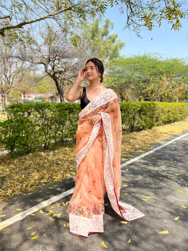 Peach Art Silk Cotton Chikankari Saree Festive Wear