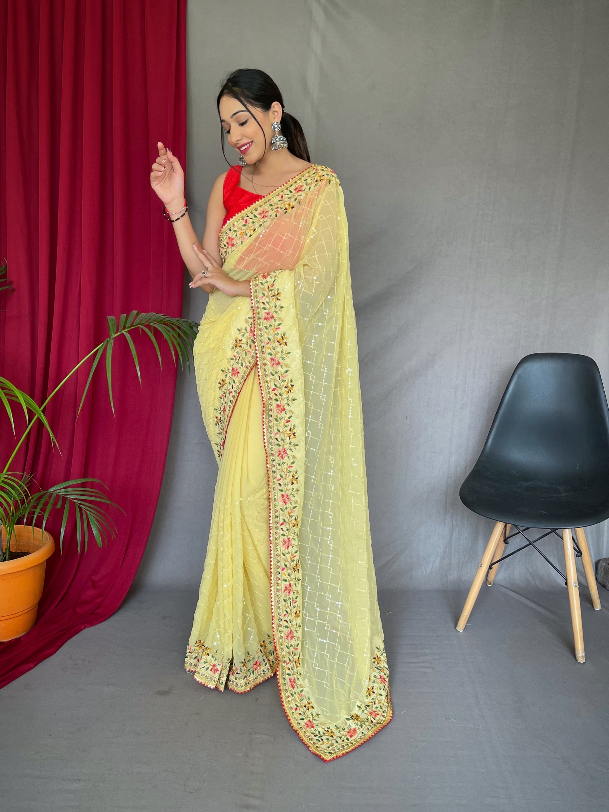 Buy MySilkLove Lemon Yellow Georgette Sequins Designer Saree with Embroidered Border Online