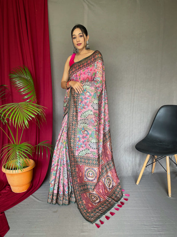 Blossom Pink Bandhani Kalamkari Printed Saree