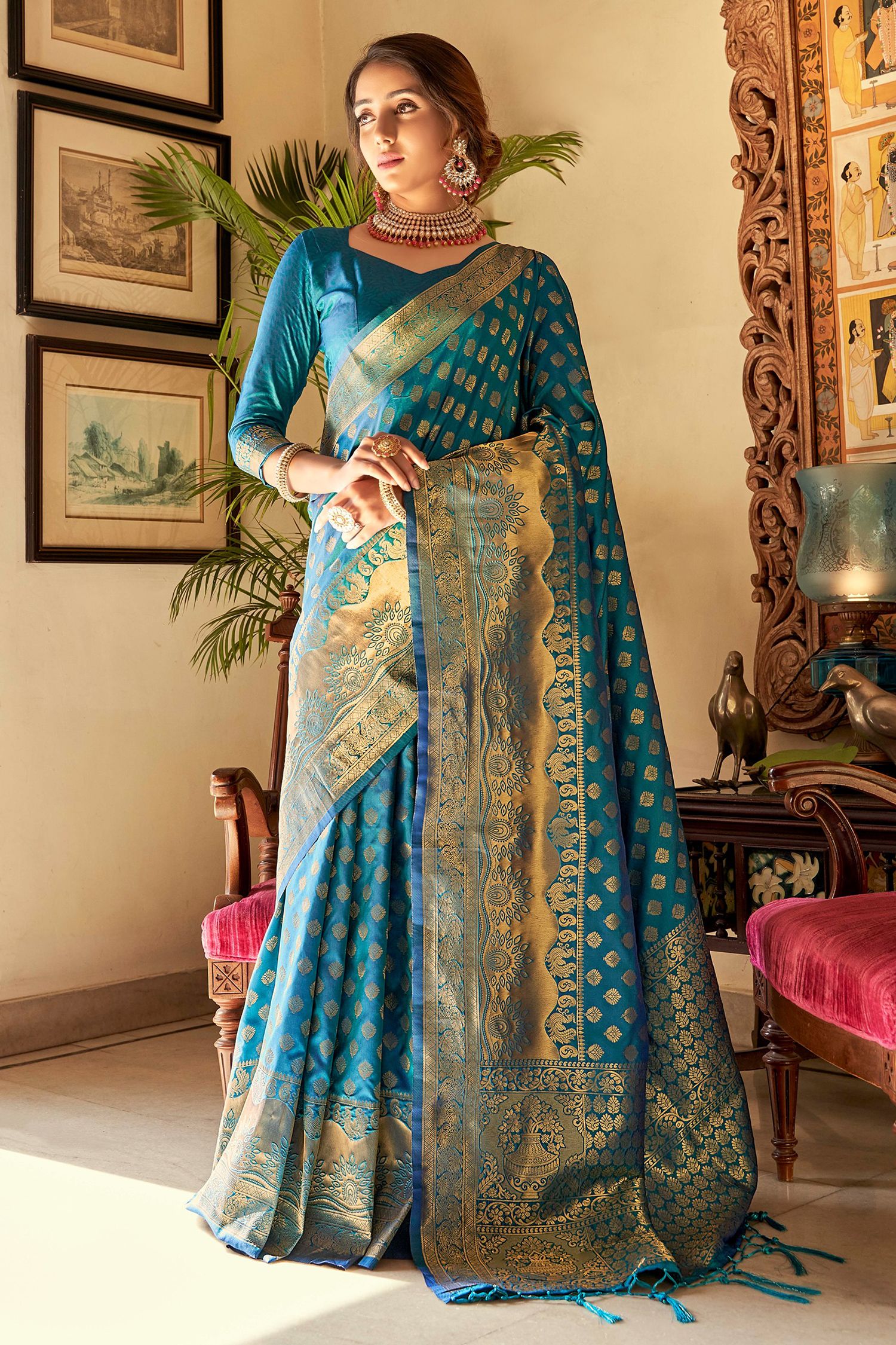 Buy MySilkLove Genoa Blue Woven Banarasi Silk Saree Online