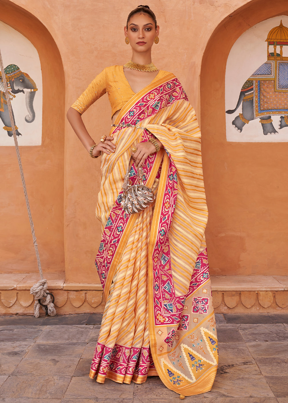 Buy MySilkLove Meteor Yellow Patola Printed Tissue Silk Saree Online