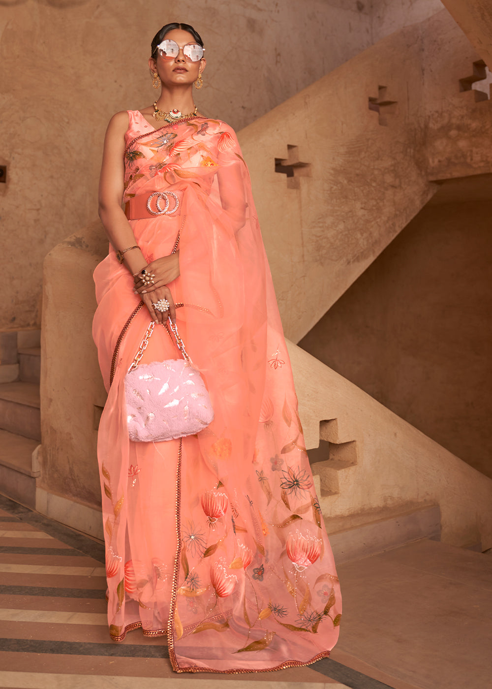 Buy MySilkLove Sienna Pink Digital Print Organza Saree Online