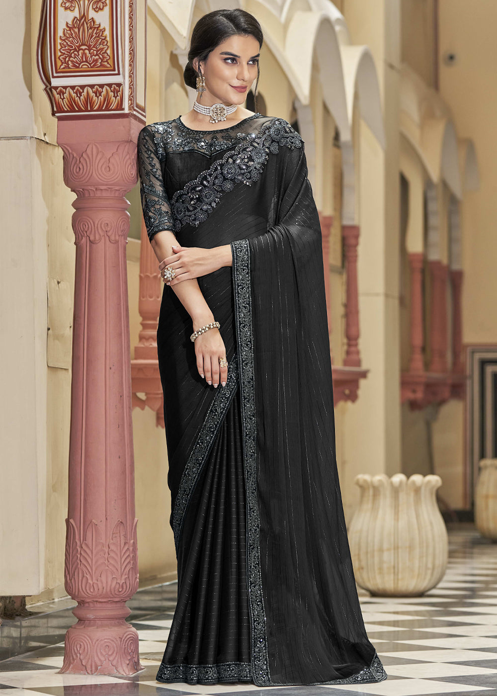 Buy MySilkLove Mine Shaft Black Woven Designer Silk Saree Online