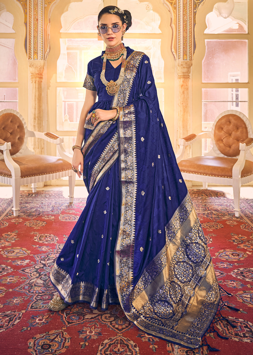 Buy MySilkLove Cloud Burst Blue Woven Banarasi Satin Silk Saree Online