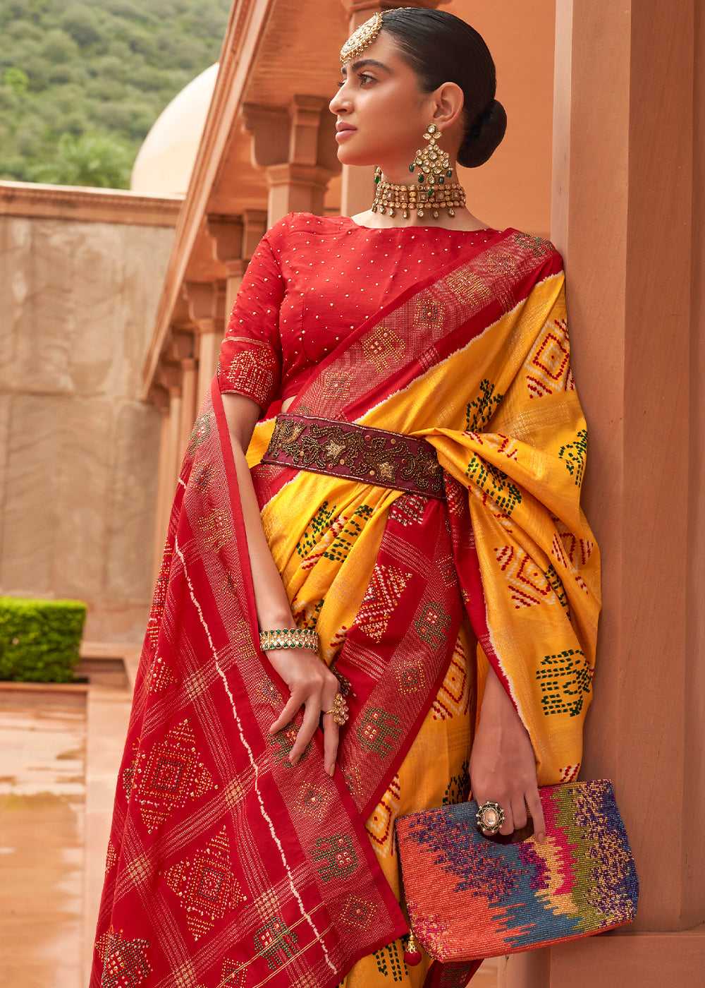 MySilkLove Tree Poppy Yellow and Red Patola Silk Saree